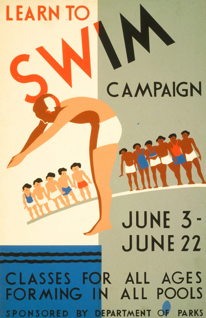 Learn to swim campaign Classes for all ages forming in all pools by Wagner, between 1936 and 1940, Prints & Photographs Division, Library of Congress, LC-DIG-ppmsca-41975.